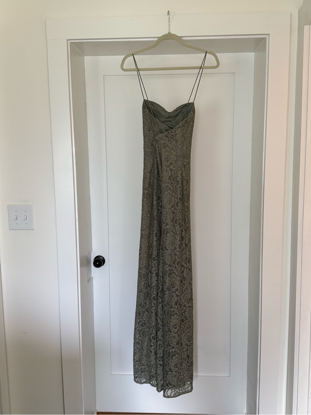 BHLDN Emma Sweetheart Lace Gown Olive Lace Maxi with Spaghetti Straps - Picture 10 of 13